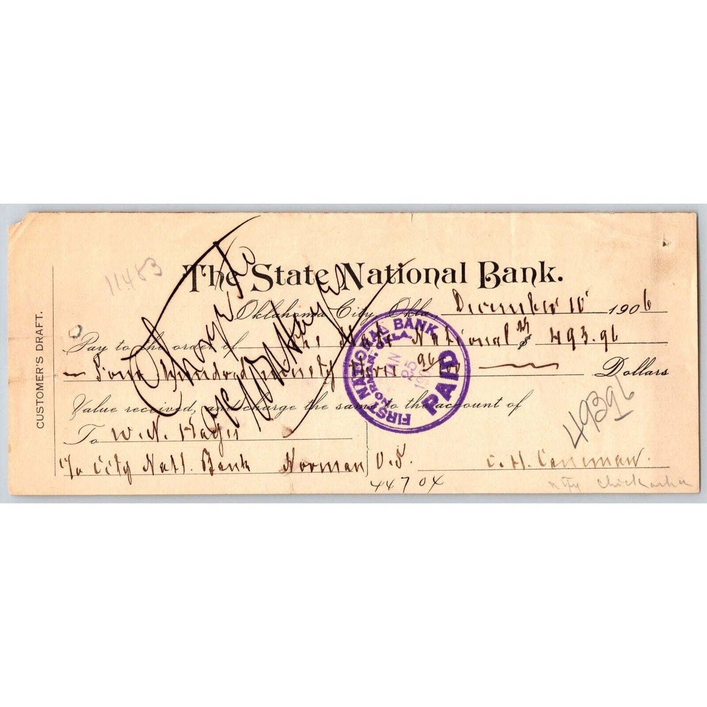 Oklahoma City State National Bank Territorial 1906 Check - Unique Penmanship