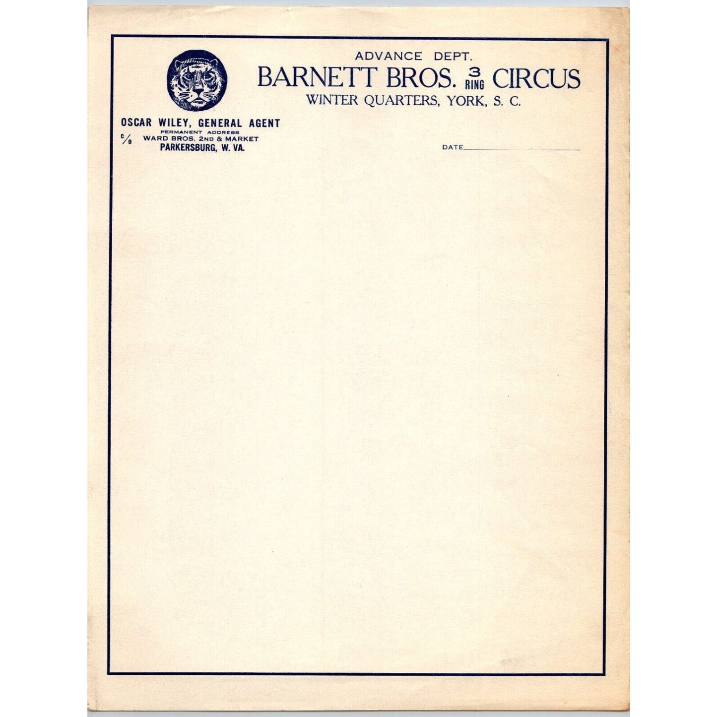 Barnett Bros. 3 Ring Circus Letterhead c1933 Oscar Wiley Tiger Scarce