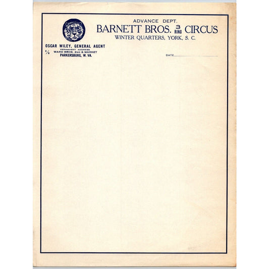 Barnett Bros. 3 Ring Circus Letterhead c1933 Oscar Wiley Tiger Scarce