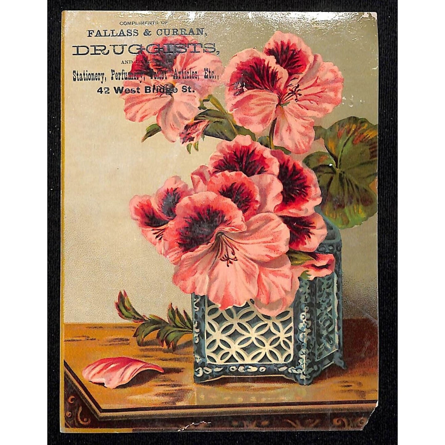 Fallass and Curran Druggists Victorian Trade Card - Vase of Pink Flowers