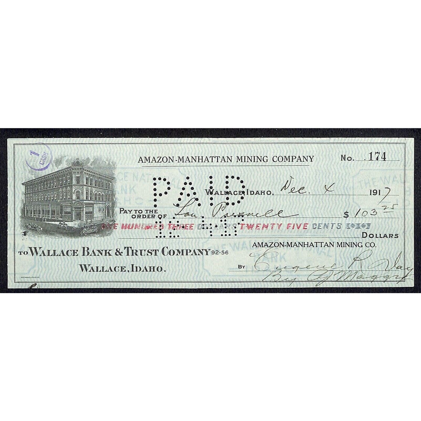 1917 Wallace, Idaho Amazon-Manhattan Mining Co. $103 Bank Check w/ Vignette