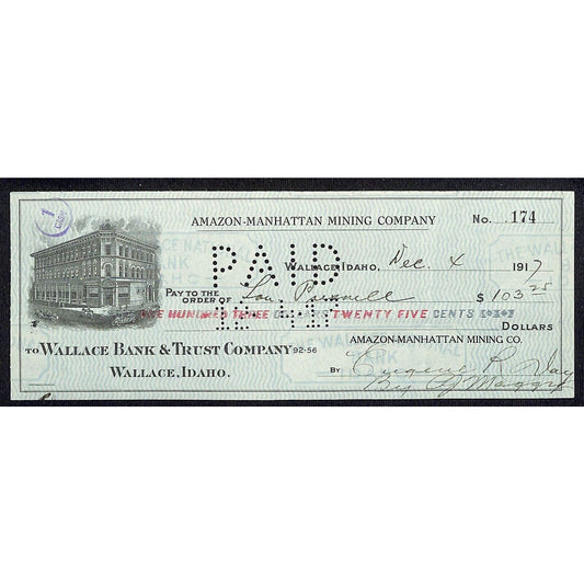 1917 Wallace, Idaho Amazon-Manhattan Mining Co. $103 Bank Check w/ Vignette