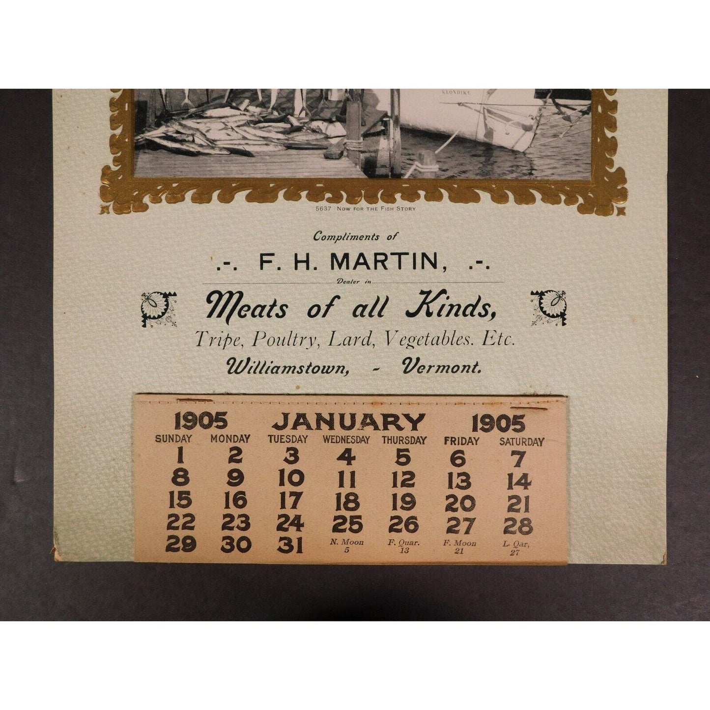 F. H. Martin 1905 Calendar "Meats Of All Kinds" Real Photo Williamstown Vermont