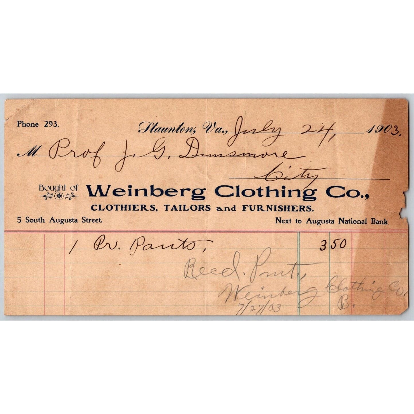 1903 Scarce Weinberg Clothing Co. Tailors Billhead Letterhead Staunton, VA