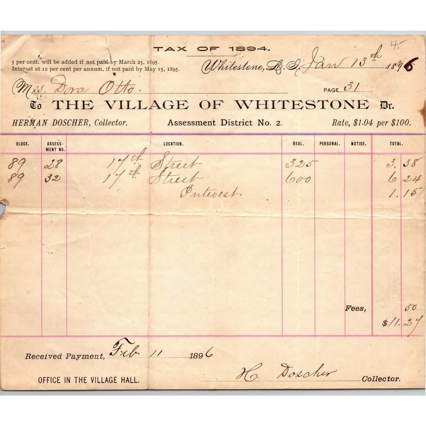 1896 Letterhead Village of Whitestone "Tax of 1894" Assessment Letterhead