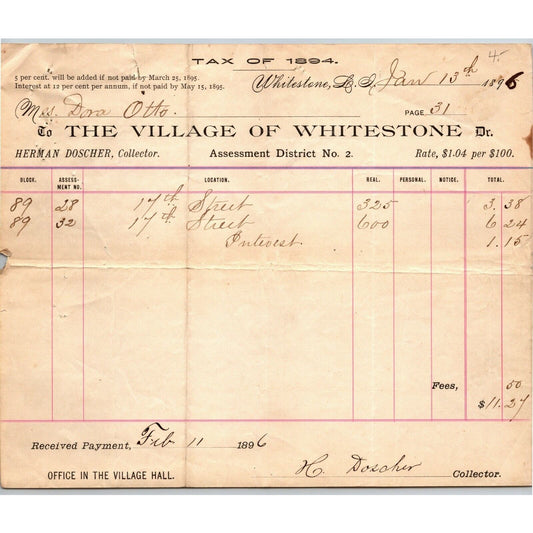 1896 Letterhead Village of Whitestone "Tax of 1894" Assessment Letterhead