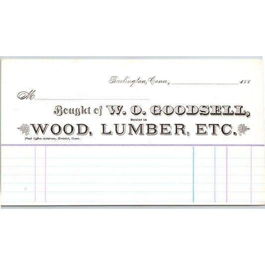 Farmington, CONN W.O. Goodsell 1880 - 1889 Wood Lumber Unused Billhead Scarce