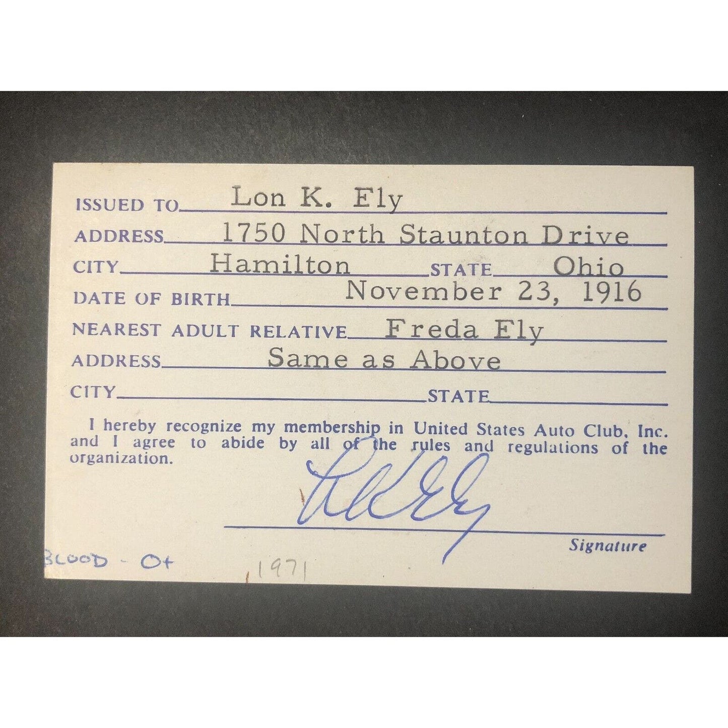 USAC United States Auto Club 1971 Mechanic Member Card - Lon K. Ely