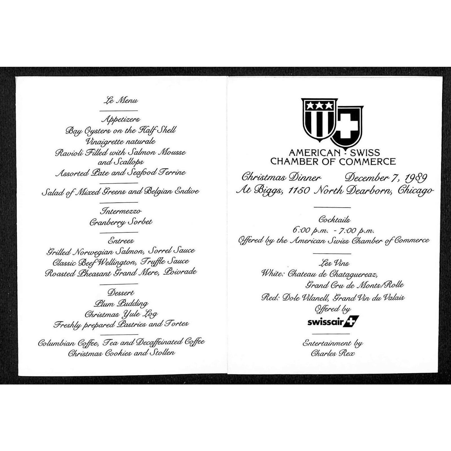 Biggs (Mansion) Chicago 1989 American Swiss COC Christmas Dinner Menu Card