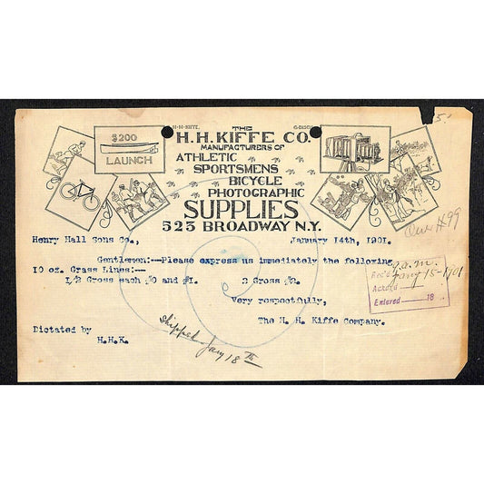 H.H. Kiffe Co. 1901 NY, NY Letterhead B'way Athletic Sportsmens Bicycle Supplies