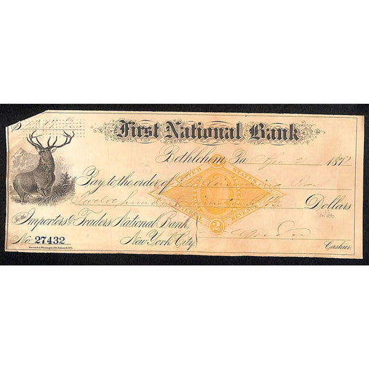 Bethlehem, PA 1877 First National Bank Check #27432 Deer Vignette & Tax Stamp