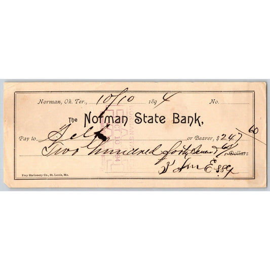 Norman, Oklahoma Territory 1907 $247.60 "Norman State Bank" Check Scarce