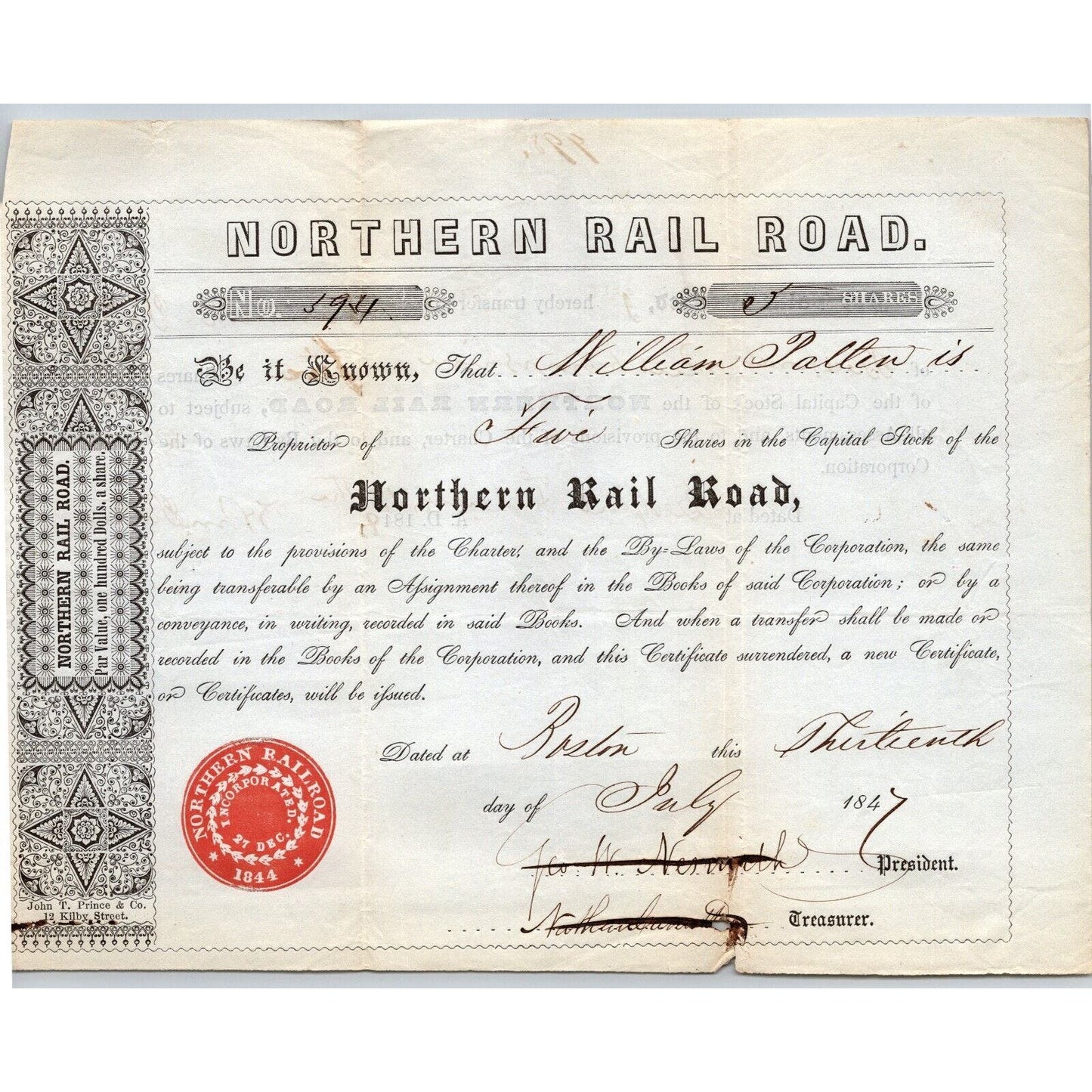 1847 Boston, MA Northern Railroad Stock Certificate No. 594 for 5 Shares