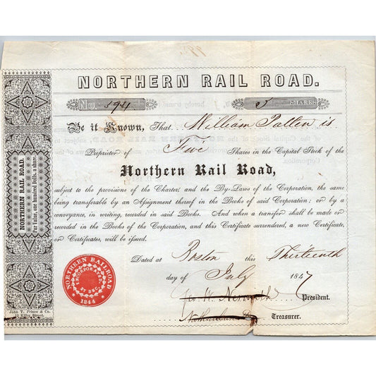 1847 Boston, MA Northern Railroad Stock Certificate No. 594 for 5 Shares