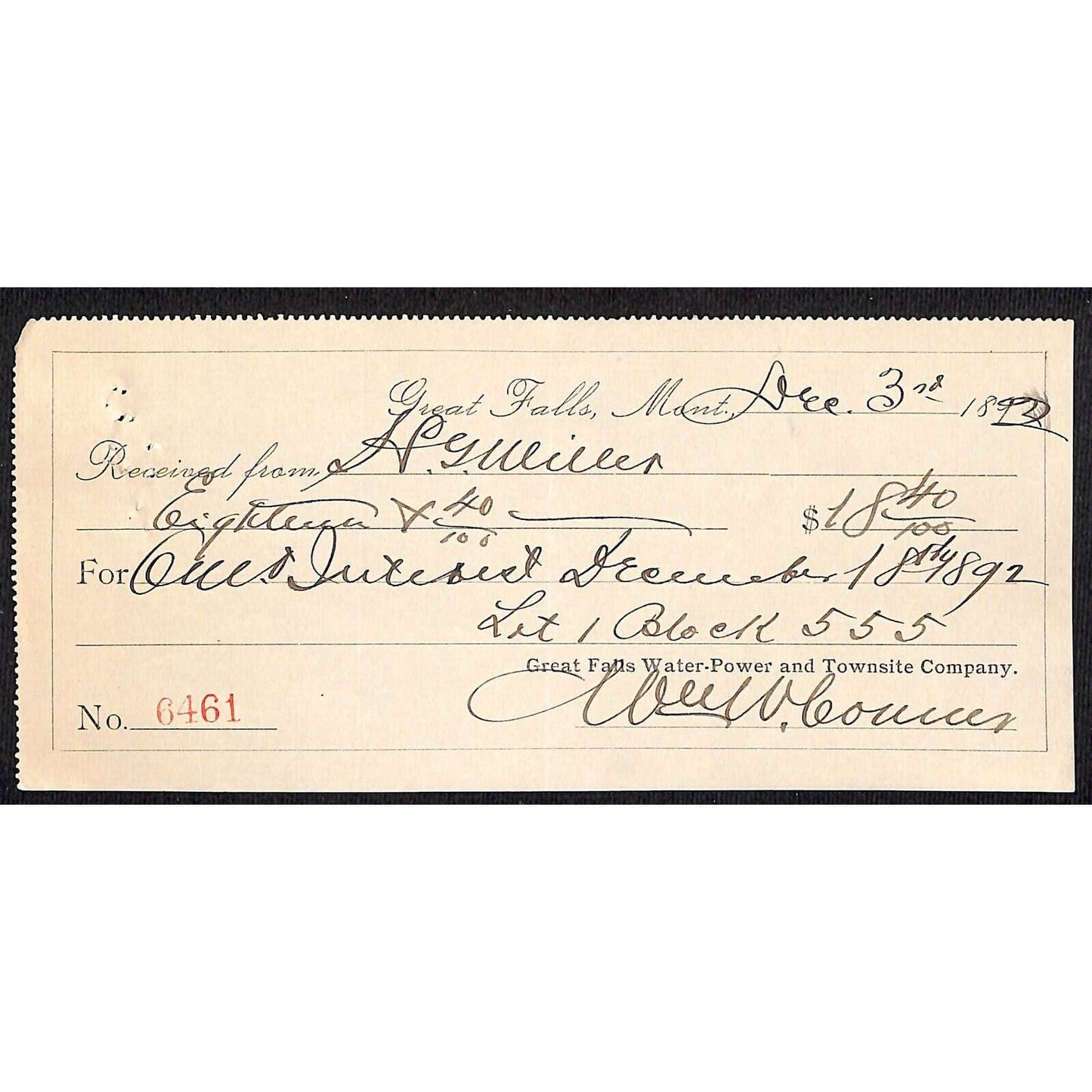 Great Falls Montana Water-Power and Townsite Co. Receipt 1892 $18.40