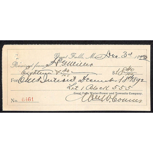 Great Falls Montana Water-Power and Townsite Co. Receipt 1892 $18.40
