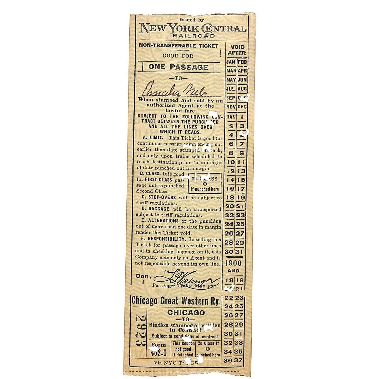 New York Central Railroad Ticket 1920 via CGW "Chicago to" #2923