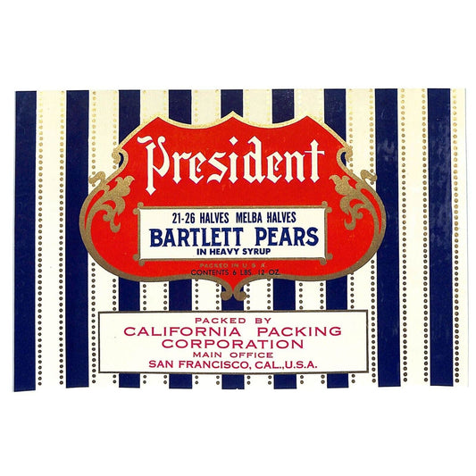 1940 Paper Can Label President Brand Melba Halves Bartlett Pears VGC Scarce