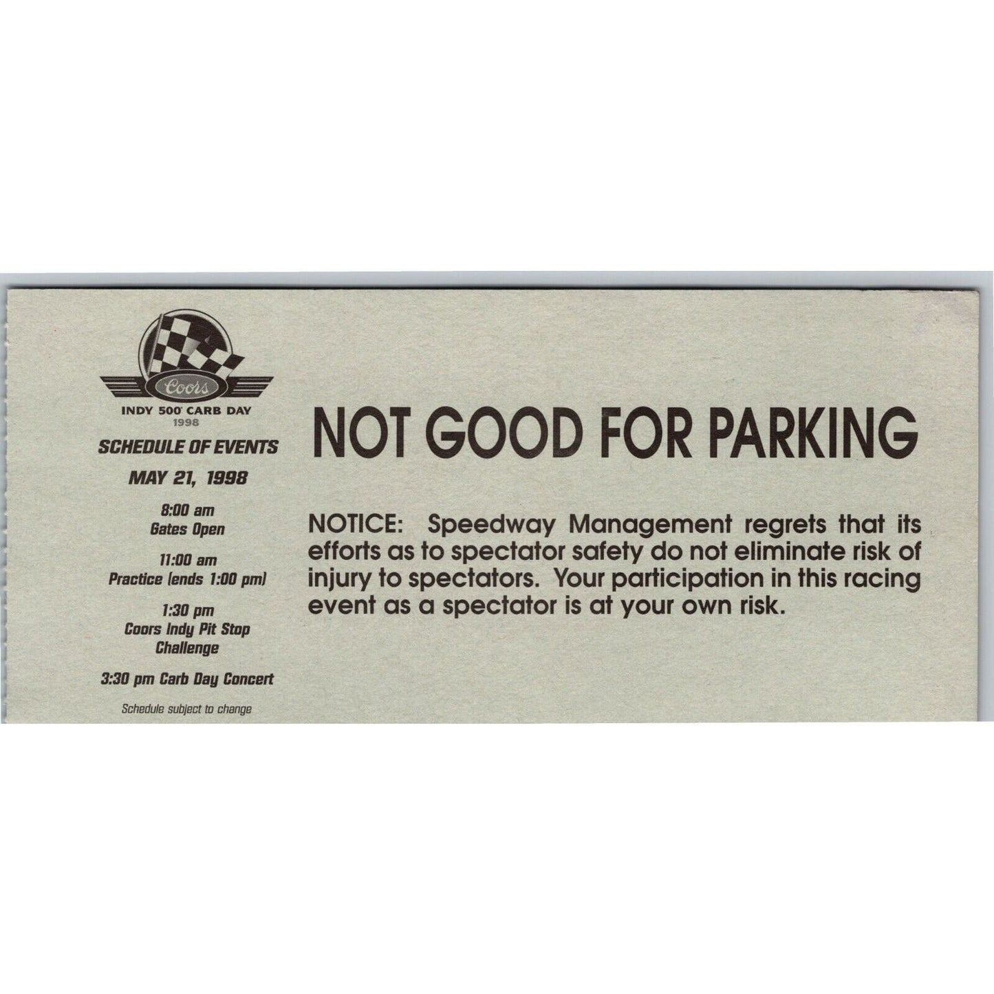 1998 Indy 500 Carb Day Tower Suites Ticket Stub Indianapolis #71