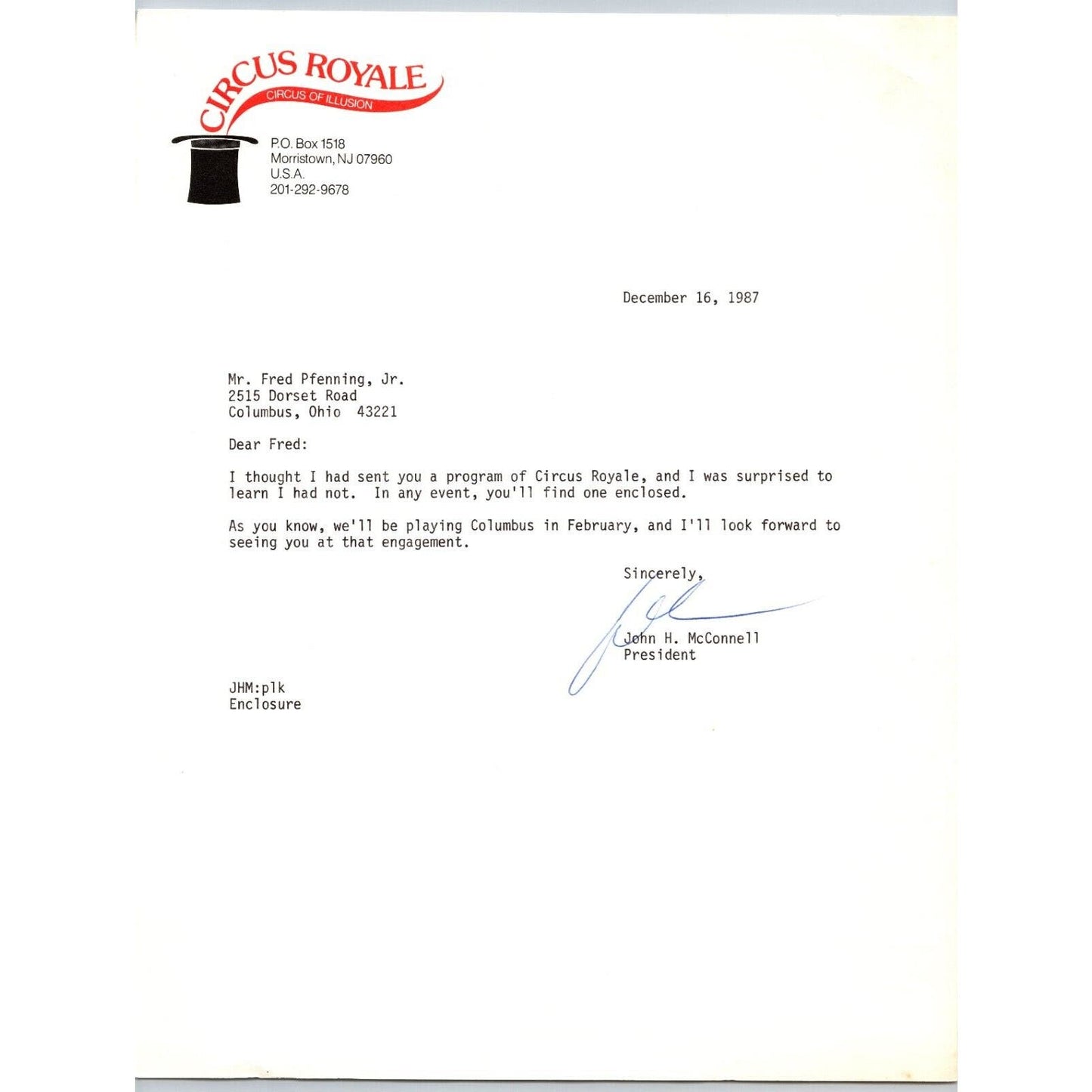 Circus Royale Circus of Illusion Letterhead 1987 Top Hat Scarce
