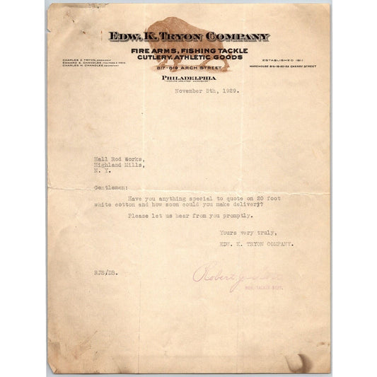 Edw. K. Tryon Company Philadelphia 1929 Fire Arms Fishing Tackle Letterhead