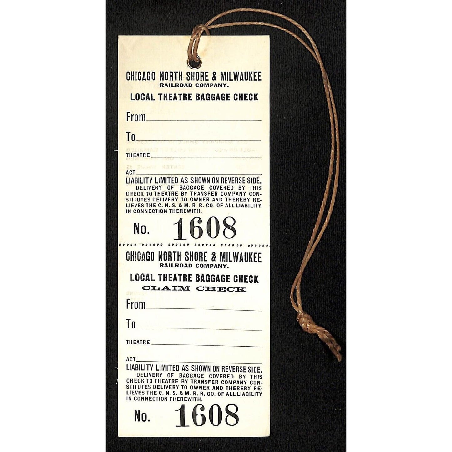 Chicago North Shore & Milwaukee Railway c1929 "Theatre Baggage Check" Tag NOS