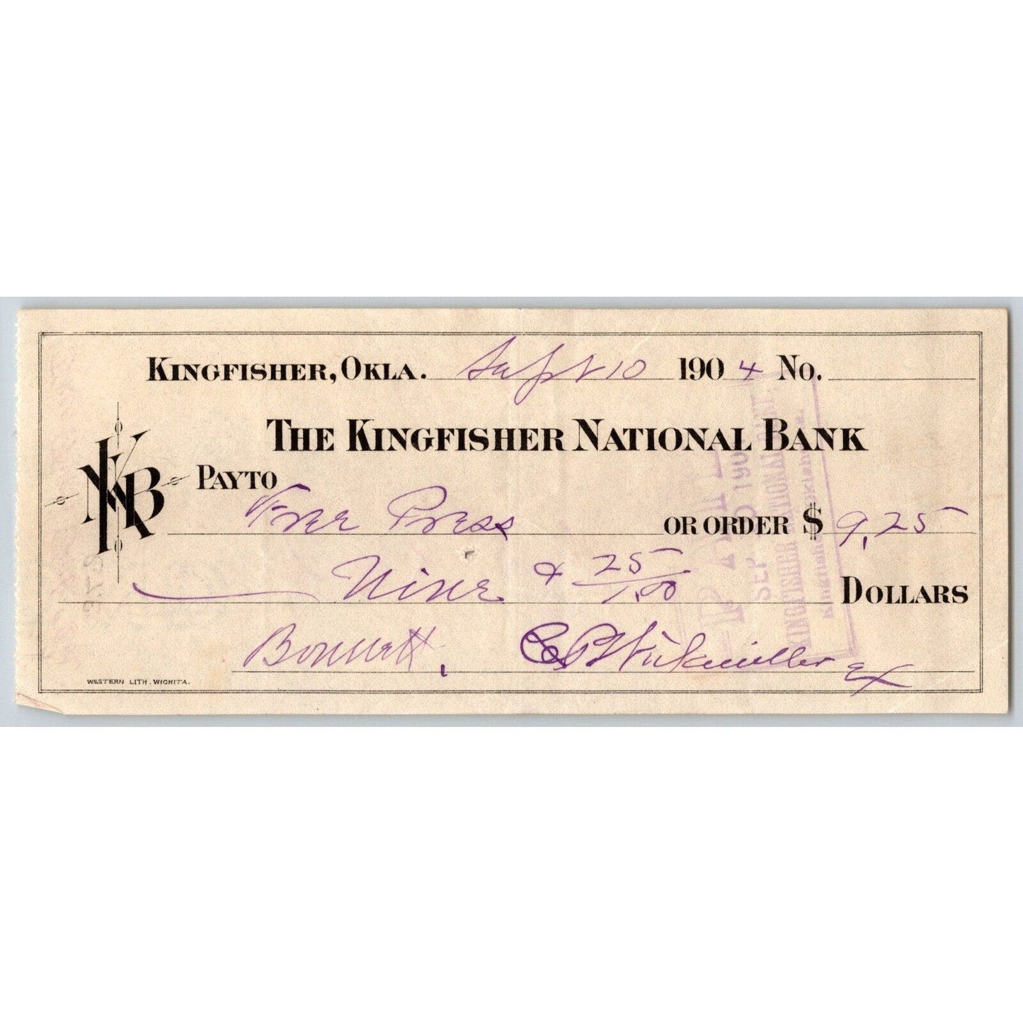 Kingfisher, Oklahoma Territorial 1904 "Kingfisher National Bank" Check - Scarce