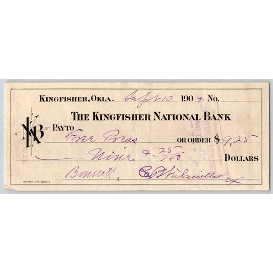 Kingfisher, Oklahoma Territorial 1904 "Kingfisher National Bank" Check - Scarce