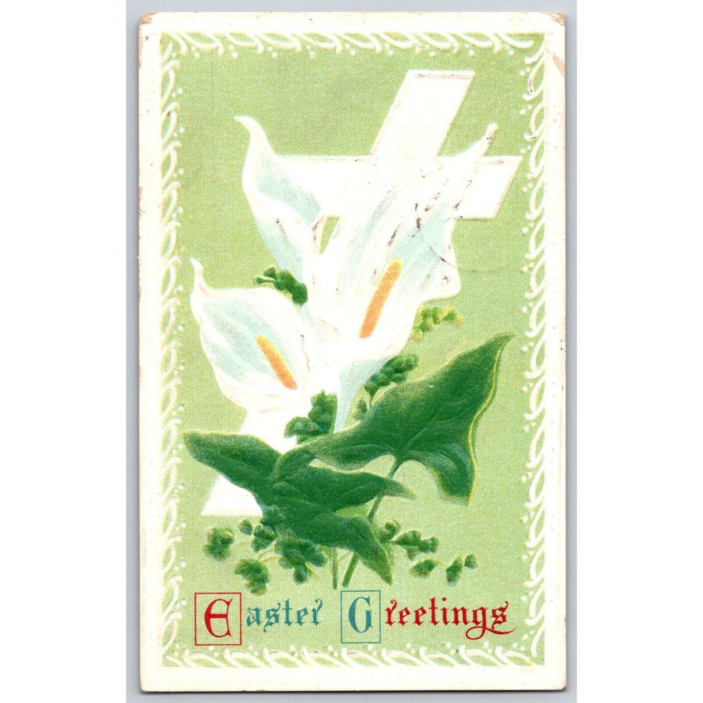 Vintage Easter Postcard "Easter Greetings" Floral Cross Embossed