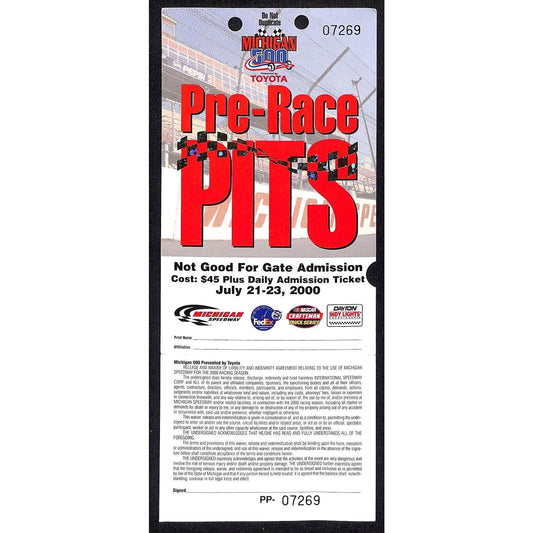 2000 Michigan 500 Pre-Race Pit Pass - Unused VGC Foil Checker