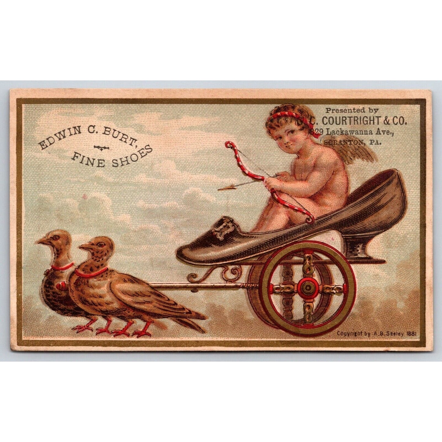 G.C. Courtright Boots Shoes Victorian Trade Card Birds Pull Cupid on Shoe