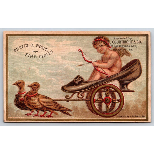 G.C. Courtright Boots Shoes Victorian Trade Card Birds Pull Cupid on Shoe