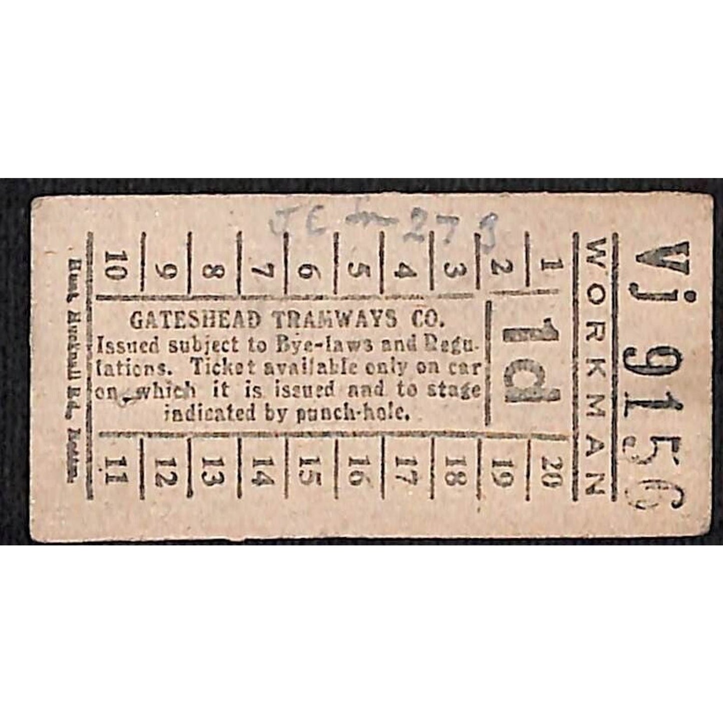 Gateshead Tramways (England) Workman Ticket Littlewoods Vj 9156 c1950 - Scarce