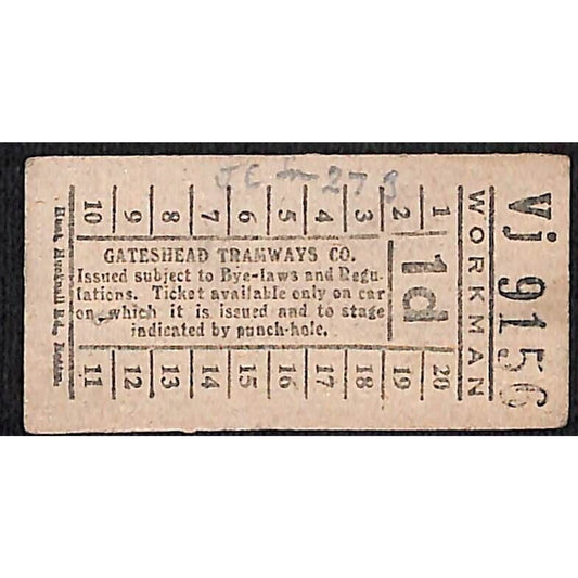 Gateshead Tramways (England) Workman Ticket Littlewoods Vj 9156 c1950 - Scarce