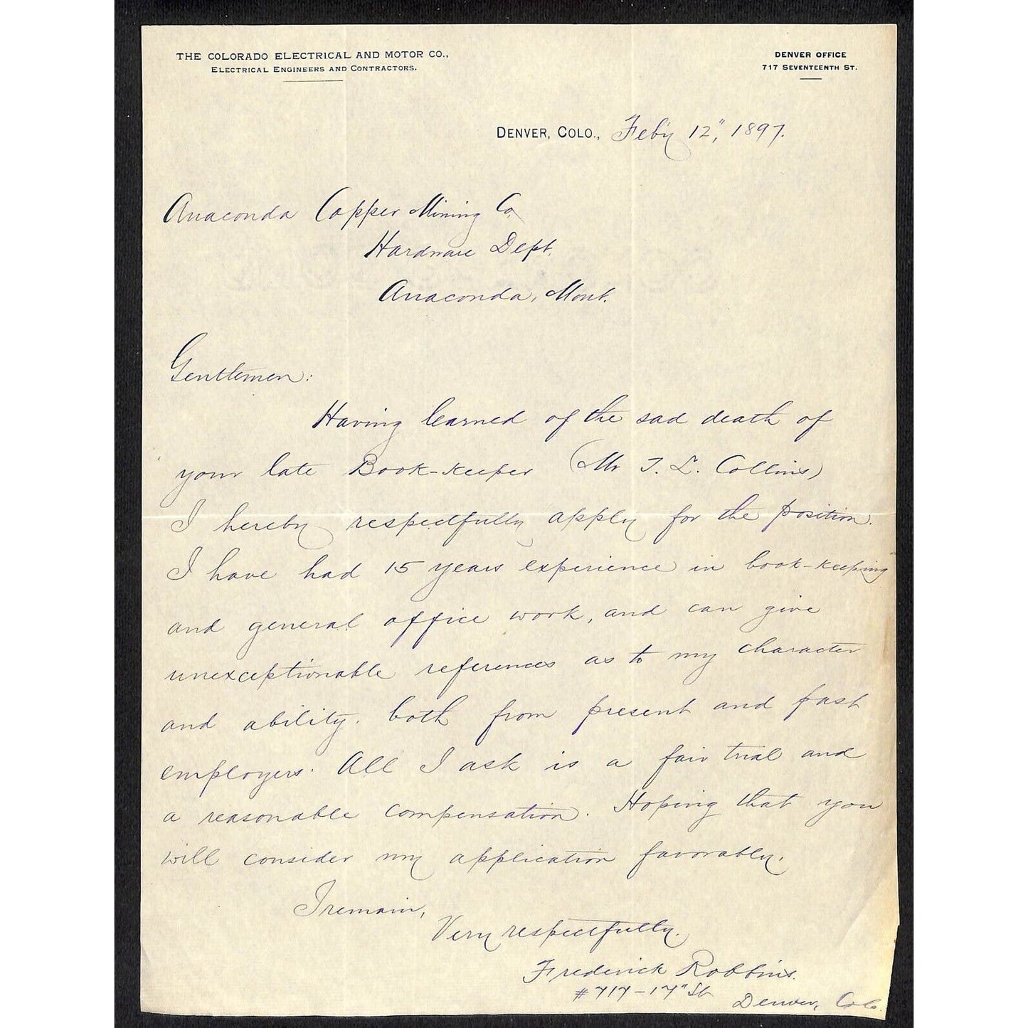Colorado Electrical and Motor Co. / Anaconda Copper Mining 1897 Letterhead