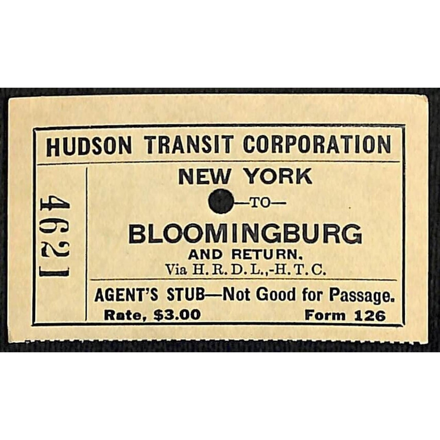 Hudson Transit Corporation Railroad Ticket New York to Bloomingburg #4621