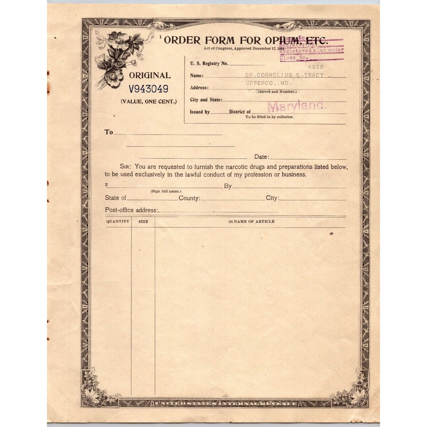 Opium / Narcotic Order Form - Original IRS Issued in Maryland c1922 V943049