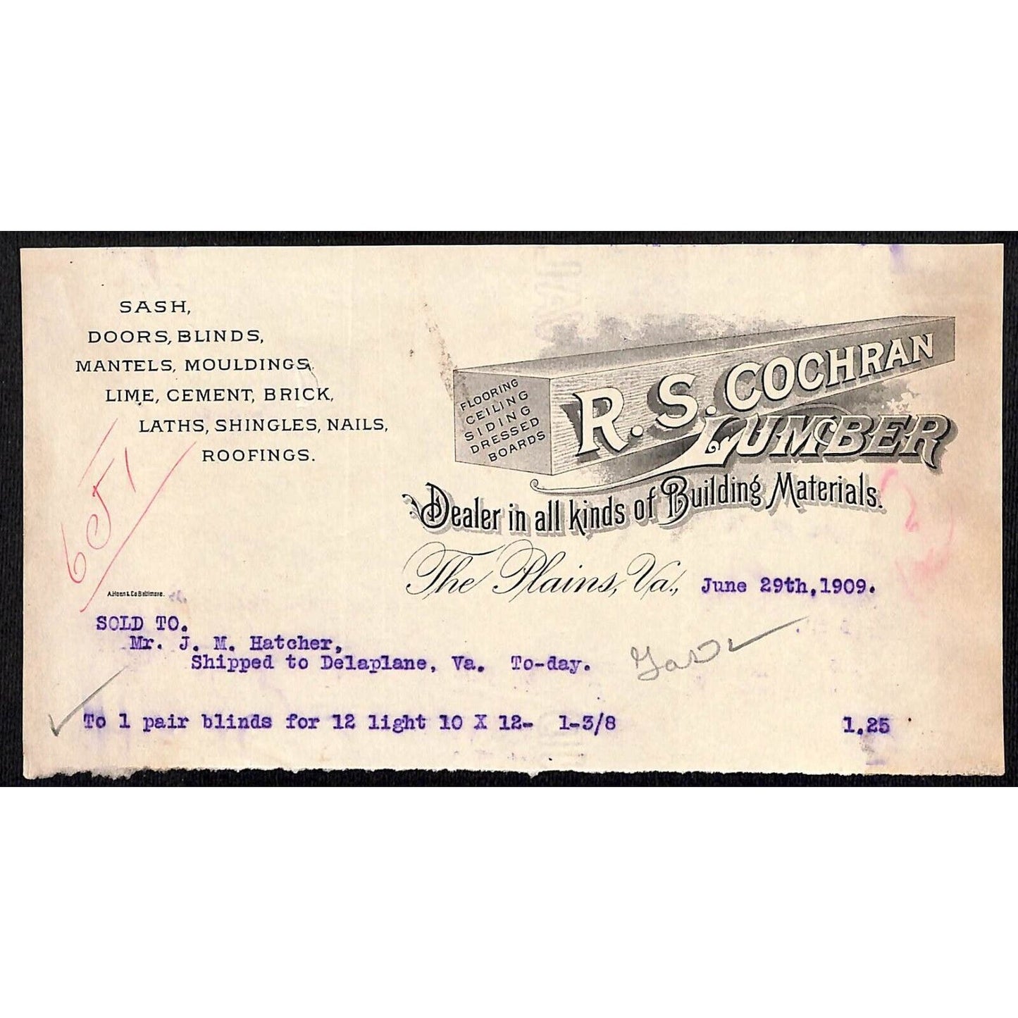 The Plains, VA R.S. Cochran Lumber Building Materials 1909 Billhead