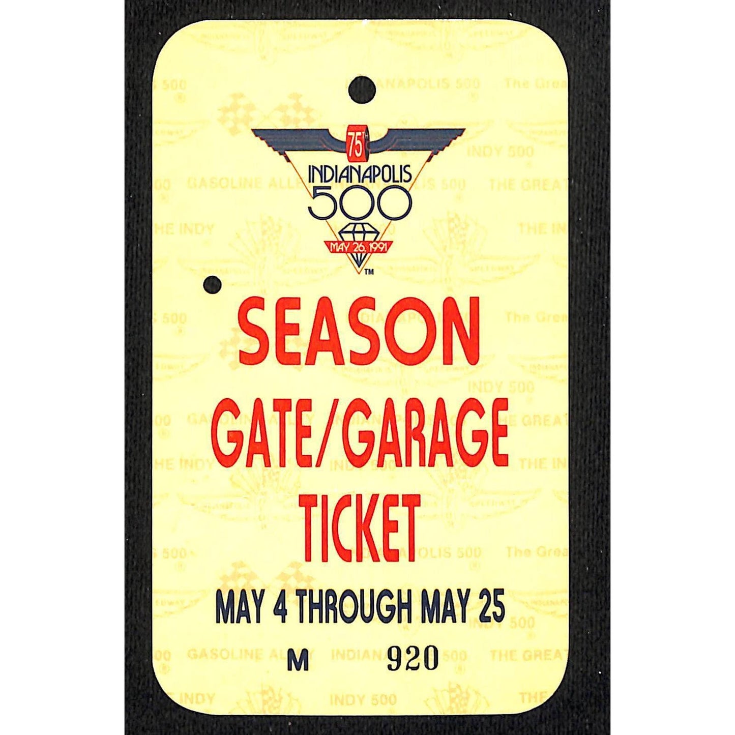 1991 Indy 500 Season Gate / Garage Ticket Pass - Indianapolis IMS #920 VGC
