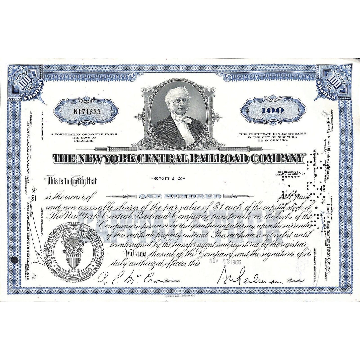 Group of 20 1960's New York Central Railroad Vintage Stock Certificates