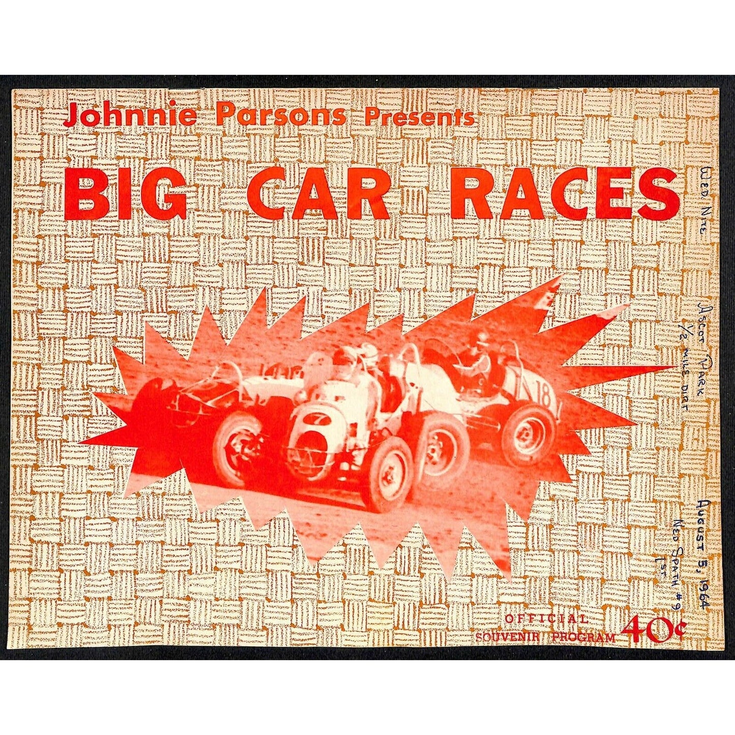 Scarce 8/5 1964 Big Car Auto CRA Racing Program Ascot Park Gardena 12pp.