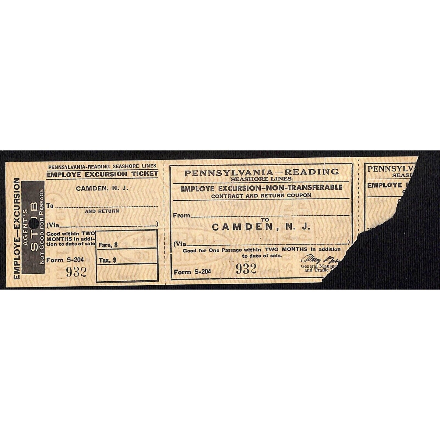 Pennsylvania - Reading RR Seashore Line SAMPLE Employee Excursion Ticket #932