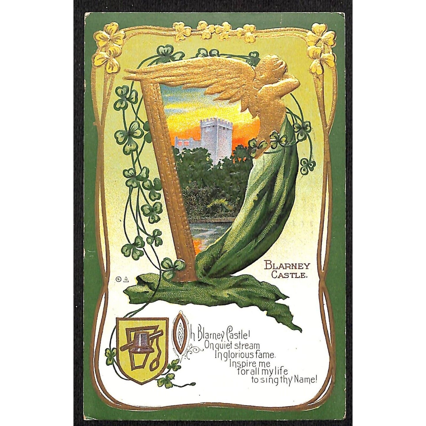Ireland Postcard Blarney Castle w/ Poem Harp Clovers Embossed PM 1912