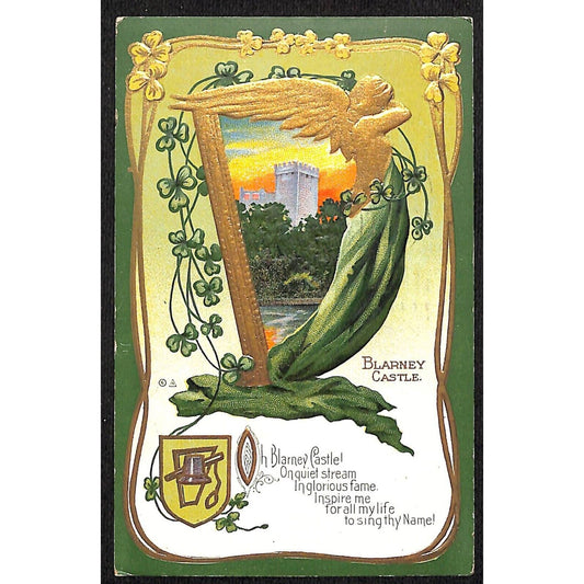 Ireland Postcard Blarney Castle w/ Poem Harp Clovers Embossed PM 1912