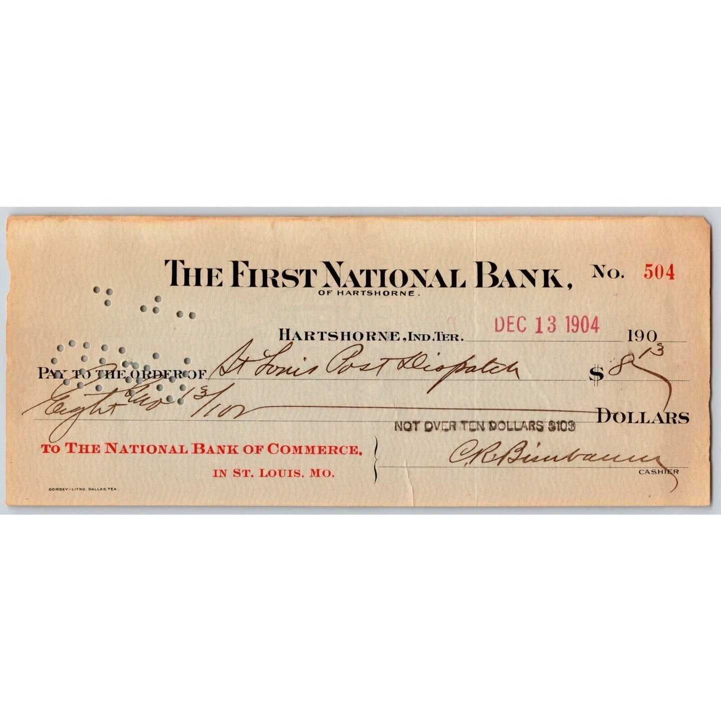 Hartshorne Oklahoma Indian Territory 1904 FNB Bank Check #504 Scarce