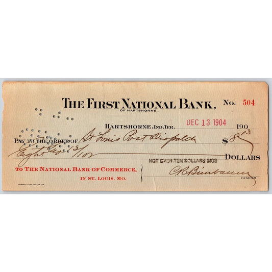 Hartshorne Oklahoma Indian Territory 1904 FNB Bank Check #504 Scarce