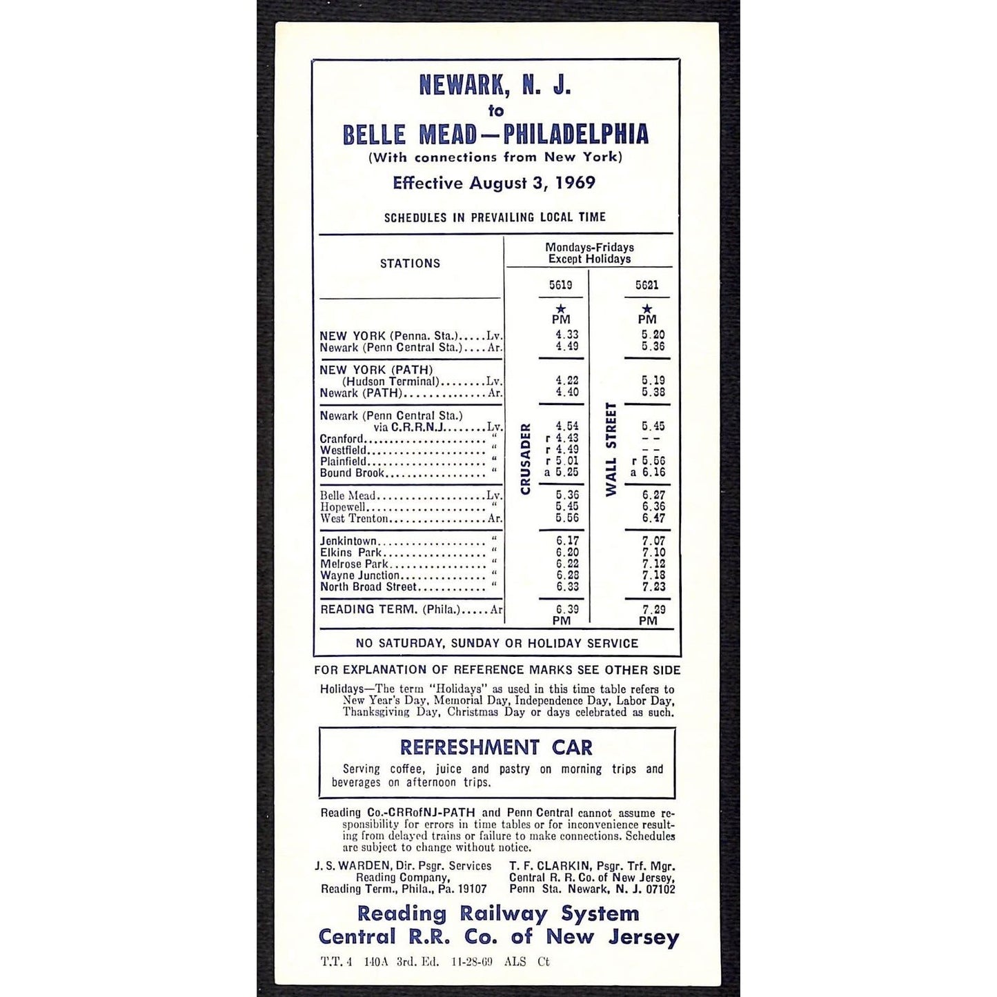 1969 Reading Railway System Newark / Belle Mead Time Table Card - VGC