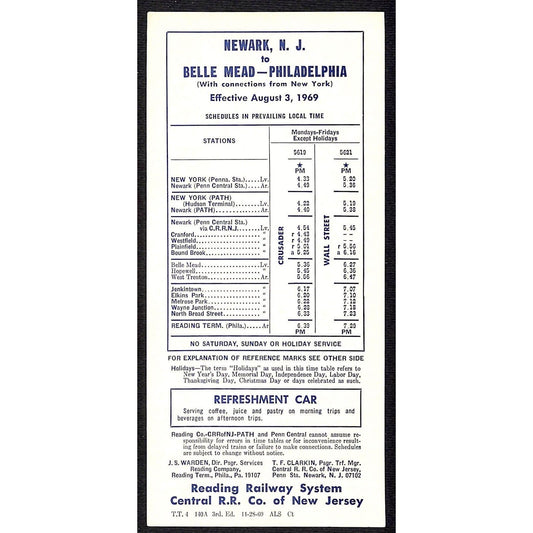1969 Reading Railway System Newark / Belle Mead Time Table Card - VGC