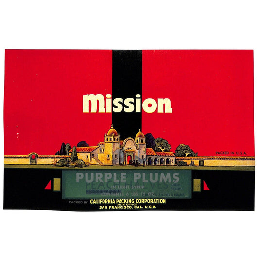 1950 Paper Fruit Can Label Mission Brand Purple Plums San Francisco VGC Scarce