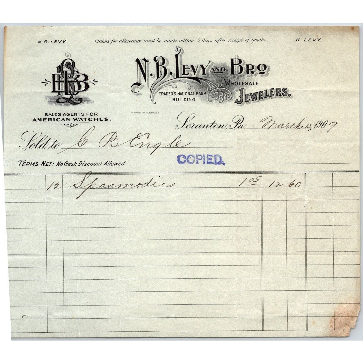 Scranton, PA NB Levy Jewelers "C.B. Engel" 1909 Billhead Spasmodics ?